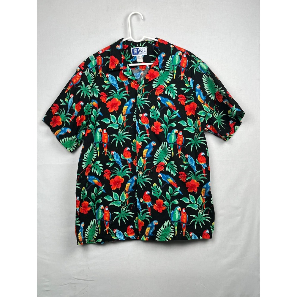 Styled by RJC Hawaiian Shirt Mens XL Parrot Floral Tropical Black Made in USA